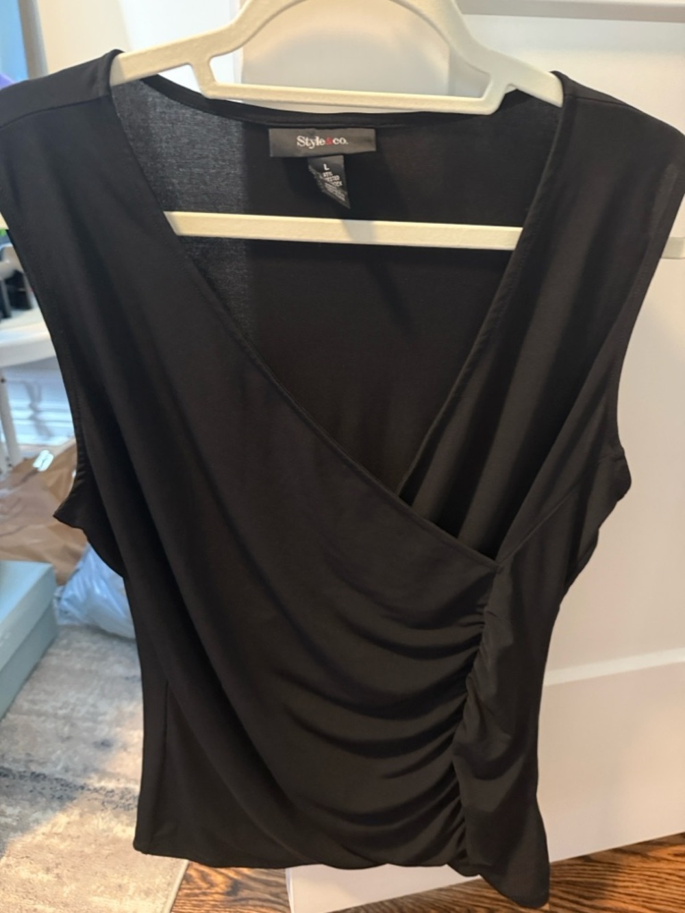 Style & Co. Black Sleeveless Faux-Wrap Drape Top